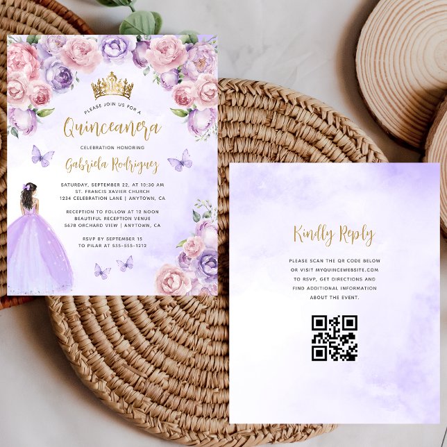 Budget Lila Rodnad Blommig QR-kod Quinceañera (Skapare uppladdad)