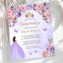 Budget lila rosa guld blommig Quinceañera inbjudan