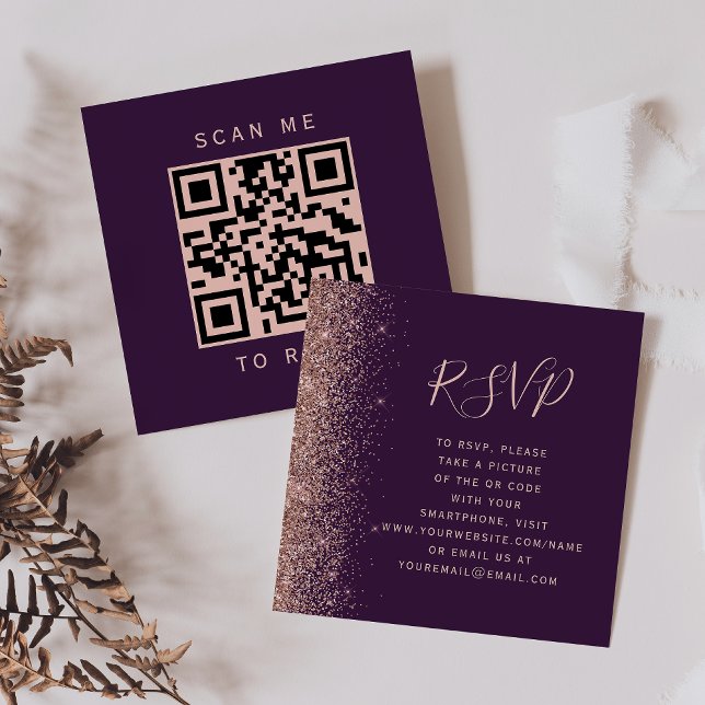 Budget lila roséguld bröllops QR-kod RSVP Tilläggskort (Skapare uppladdad)