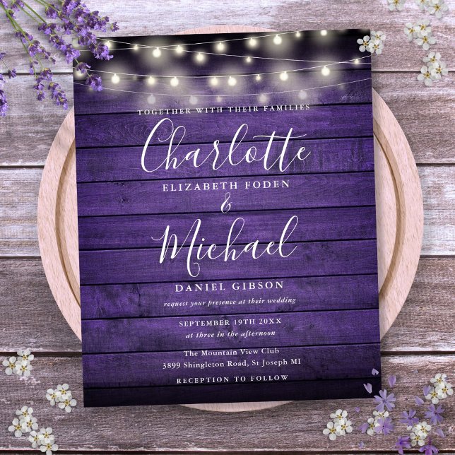 Budget Lila Rustika Ljus Bröllopsinbjudan (Budget Purple Rustic Lights Wedding Invitation)