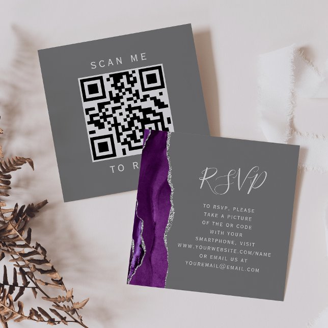 Budget Lila Silver Agat Grå QR-kod RSVP Tilläggskort (Skapare uppladdad)
