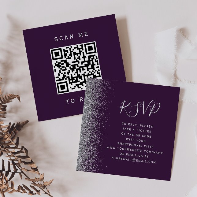 Budget lila silver bröllops QR-kod RSVP Tilläggskort (Skapare uppladdad)