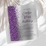 Budget Lila Silver Glam 21:a födelsedag Inbjudan<br><div class="desc">Det lämnat kant i detta moderna födelsedagsfest inbjudan uppvisar en lila faux gräns i glitter. Anpassadet kombinerar lila-skript och sans serif typsnitt på en silver faux-borstad metall-bakgrund. Den omvända sidan har en matchande design.</div>