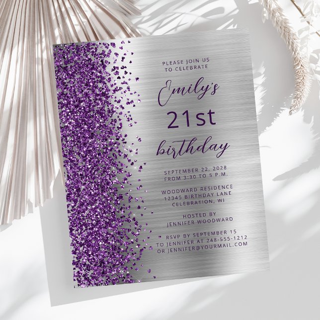 Budget Lila Silver Glam 21-års inbjudan (Skapare uppladdad)