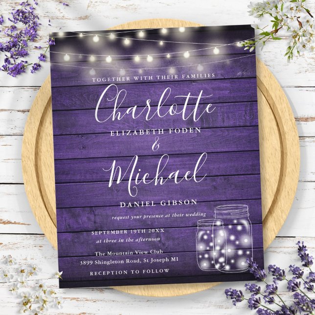 Budget Lila Trä Murkrukor Bröllopsinbjudan (Budget Purple Wood Mason Jars Wedding Invitation)