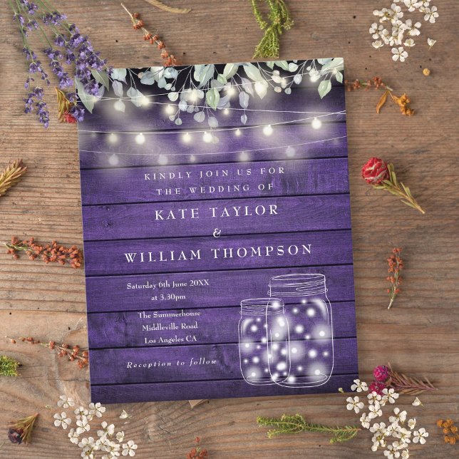 Budget Lila Träljus Muradekor Bröllopsinbjudan (Budget Purple Wood Lights Mason Jar Wedding Invite)