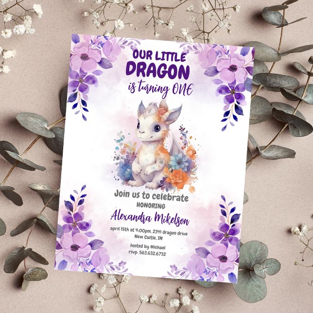 Budget Lila Watercolor Dragon Baby 1:a födelsedag Reklamblad (Create Magic with Cute Watercolor Dragon Baby 1st Birthday Invitation )