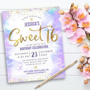 Budget Lila Watercolor Sweet 16 Guld inbjudan