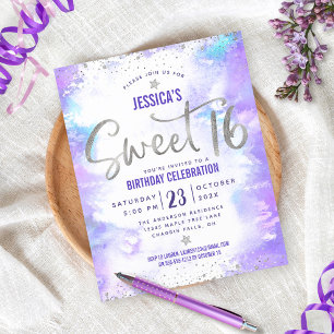 Budget Lila Watercolor Sweet 16 Silver Inbjudan