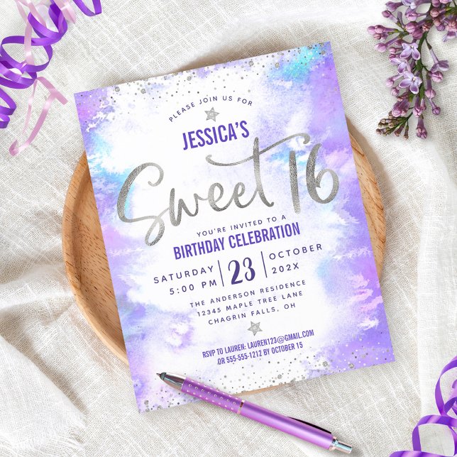 Budget Lila Watercolor Sweet 16 Silver Inbjudan (Skapare uppladdad)