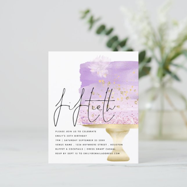 Budget Lilac Birthday Cake 50:e Party Inbjudan (Stående Fram)