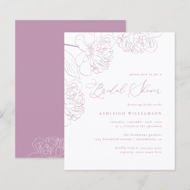 Budget Lilac Hand-dragen Peonies Möhippa (Fram/baksida)