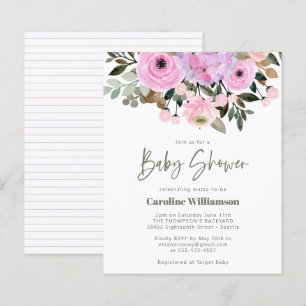 Budget Lilac Rosa Blommigt Cute Baby Shower Inbjud