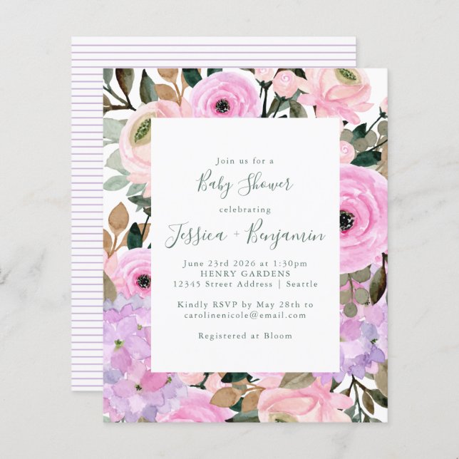 Budget Lilac Rosa Blommigt Rand Baby Shower (Fram/baksida)