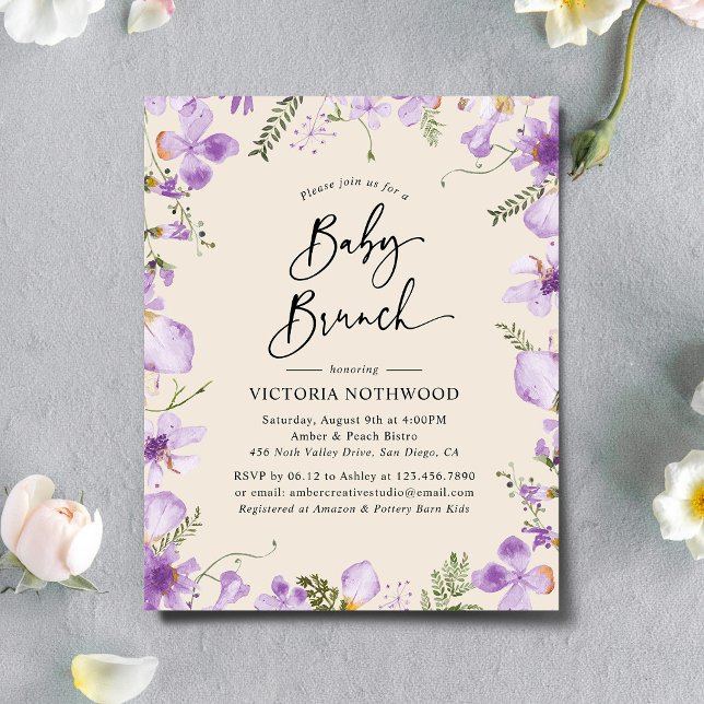 Budget Lilac Rustic Blommigt Baby Brunch-inbjudan (Skapare uppladdad)