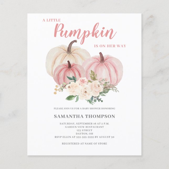 Budget Liten Pumpa Rosa Baby Shower Inbjudan (Framsida)
