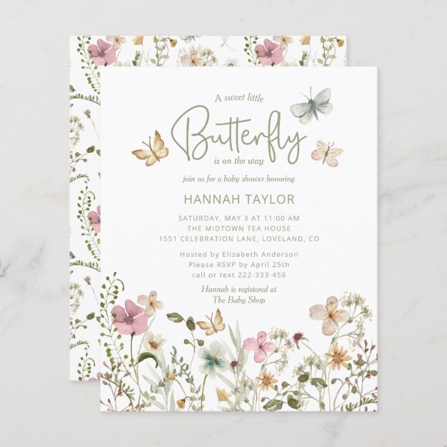 Budget Little Butterfly Girl Baby Shower Inbjudan (Fram/baksida)