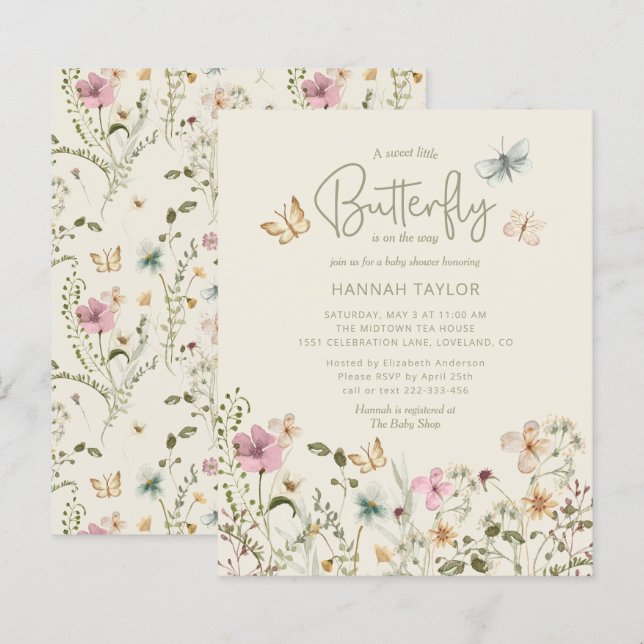 Budget Little Butterfly Girl Baby Shower Inbjudan (Fram/baksida)