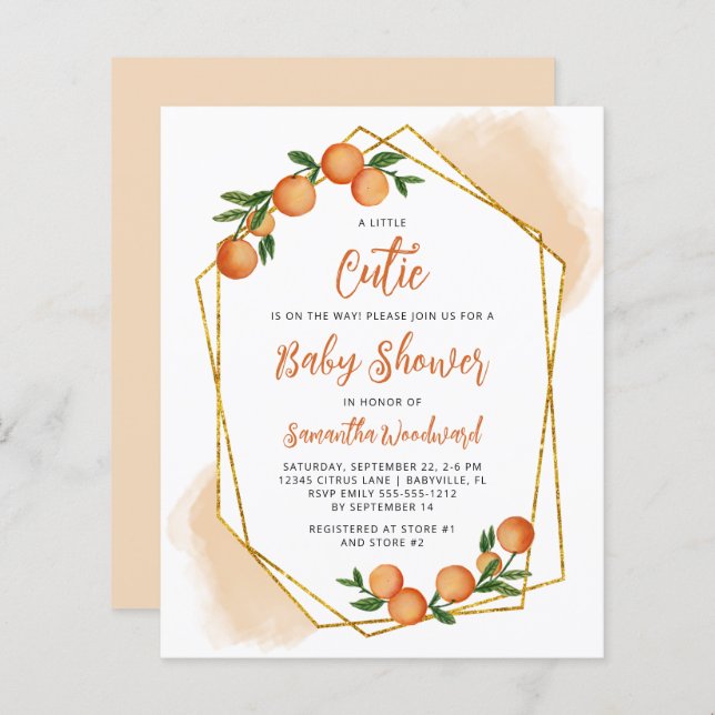 Budget Little Cutie Orange Baby Shower-inbjudan (Fram/baksida)