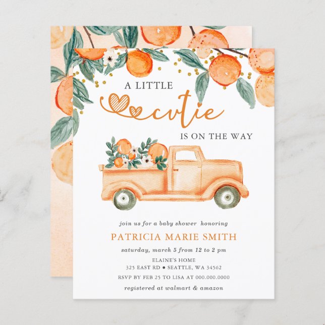 Budget Little Cutie Orange Baby Shower-inbjudan (Fram/baksida)