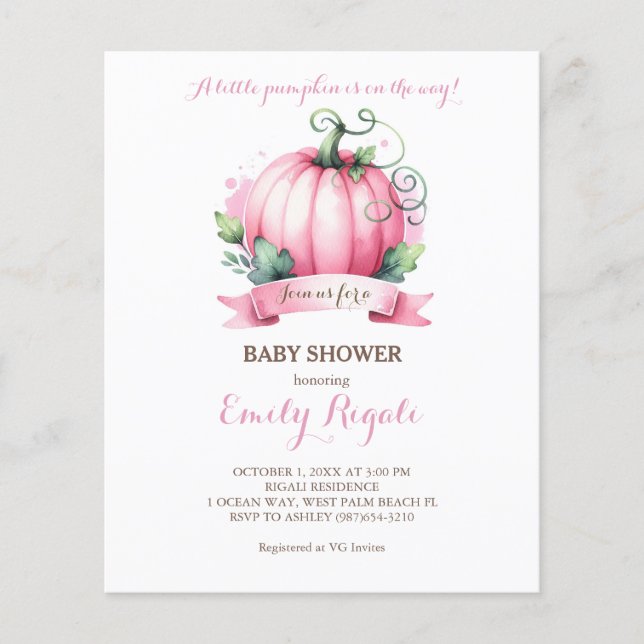 Budget Little Pumpkin Baby Shower-inbjudan Girl Flygblad (Framsidan)