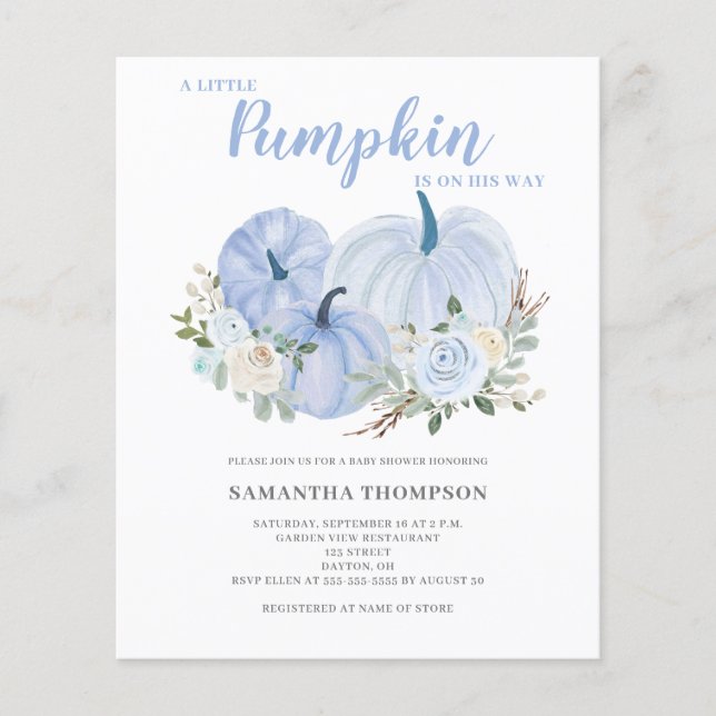 Budget Little Pumpkin Blue Baby Shower-inbjudan Flygblad (Framsidan)