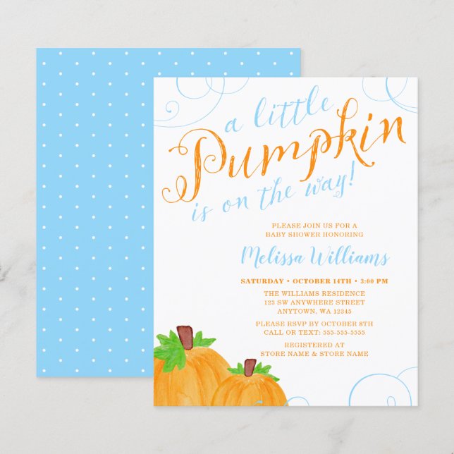 Budget Little Pumpkin Fall Blue Boy Baby Shower (Fram/baksida)