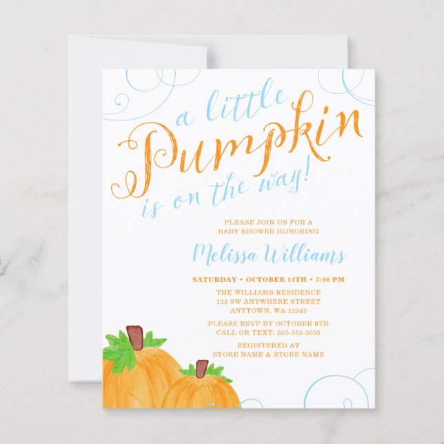 Budget Little Pumpkin Fall Blue Boy Baby Shower (Framsida)