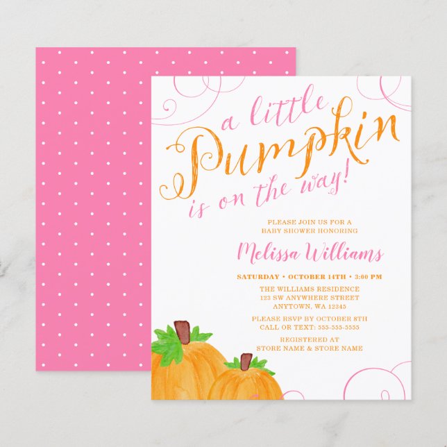 Budget Little Pumpkin Fall Rosa Girl Baby Shower (Fram/baksida)