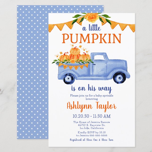 Budget Little Pumpkin Pojke Baby Sprinkle Inbjudan (Fram/baksida)