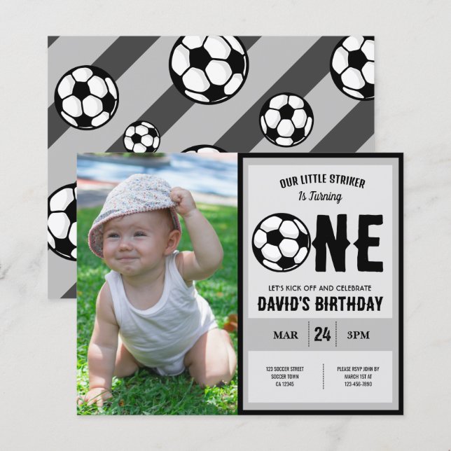 Budget Little Striker Soccer Photo 1st Birthday (Fram/baksida)