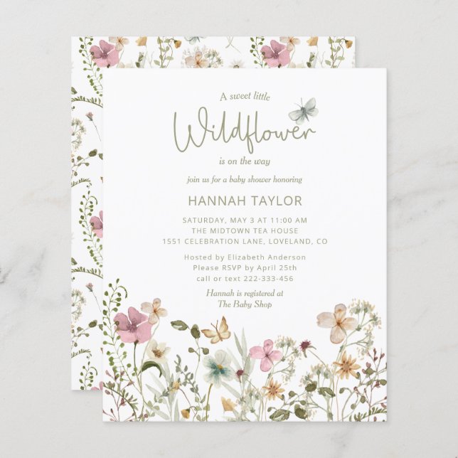 Budget Little WildblommGirl Baby Shower Inbjudan (Fram/baksida)