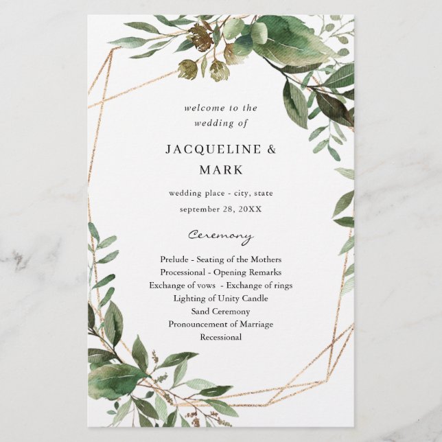 Budget Löv & Eucalyptus GoldWeddin Ceremony MED Flygblad (Framsidan)