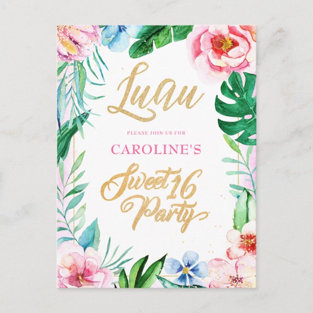 Budget Luau Tropical Blommigt Hawaiian Sweet 16 Inbjudan Vykort (Framsida)