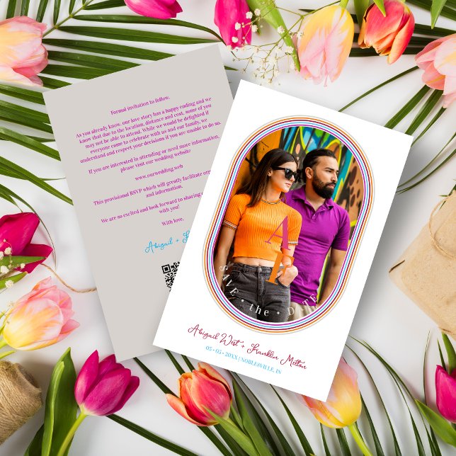 BUDGET - Lustigt, minimalistiskt foto i Bröllop, m (Budget Modern Multicolored Minimalist Oval Photo Affordable Wedding Save the Date Card.)