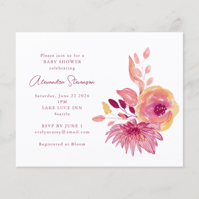 Budget Magenta Blommig Baby Shower Inbjudan (Framsida)