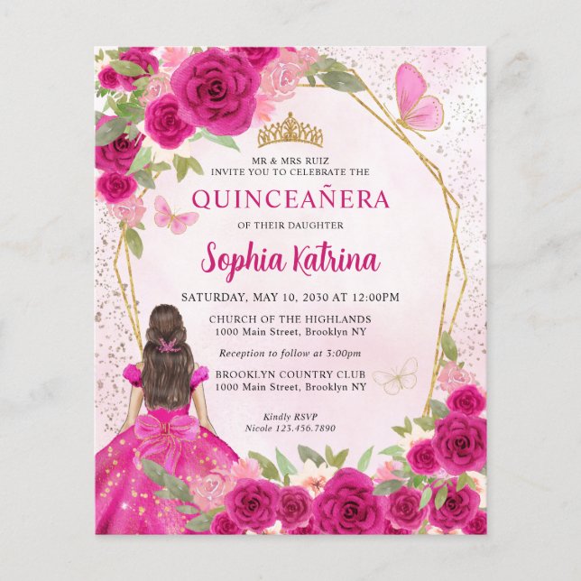 Budget Magenta Guld Blommigt Princess Quinceañera (Framsida)