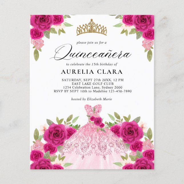 BUDGET Magenta Rosa Dress Blommigt 15 Quinceañera (Framsida)