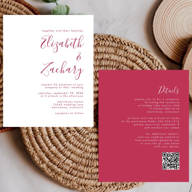 Budget Magenta Script QR-kod Bröllopsinbjudan (Skapare uppladdad)