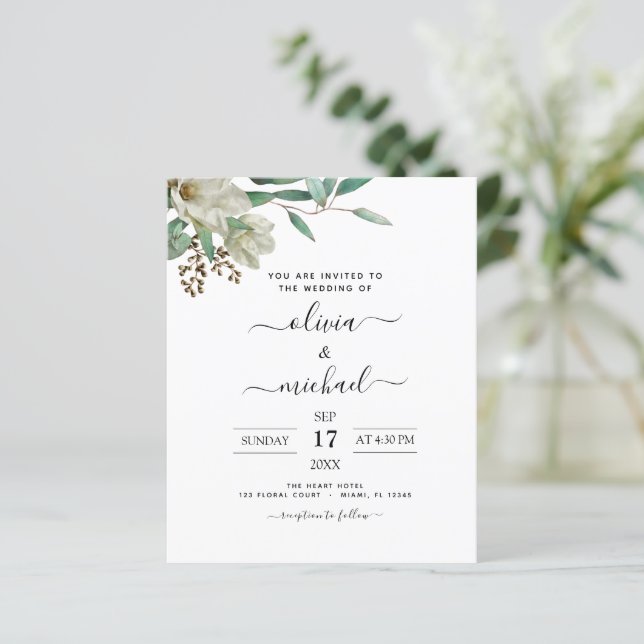 Budget Magnolia Eucalyptus bröllopsinbjudan (Stående Fram)