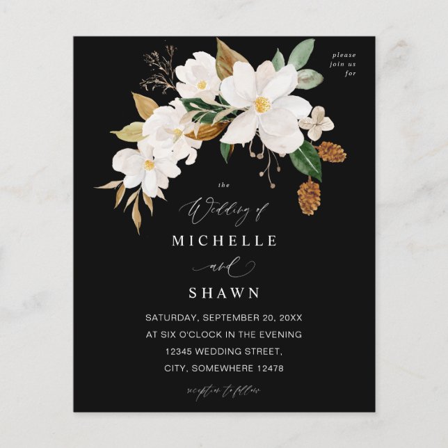 Budget Magnolia White Blommigt Bröllop - Svart Flygblad (Framsidan)