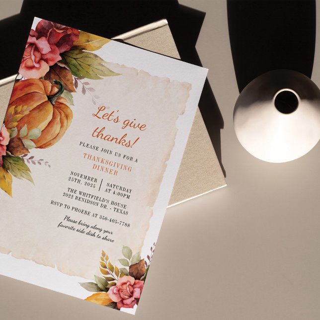 Budget Målad Pumpa Thanksgiving Middag (Pumpkin Pink Floral Thanksgiving Dinner Invitation)