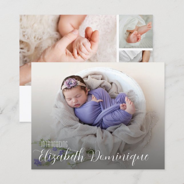 Budget Många Photo Birth-meddelande (Fram/baksida)