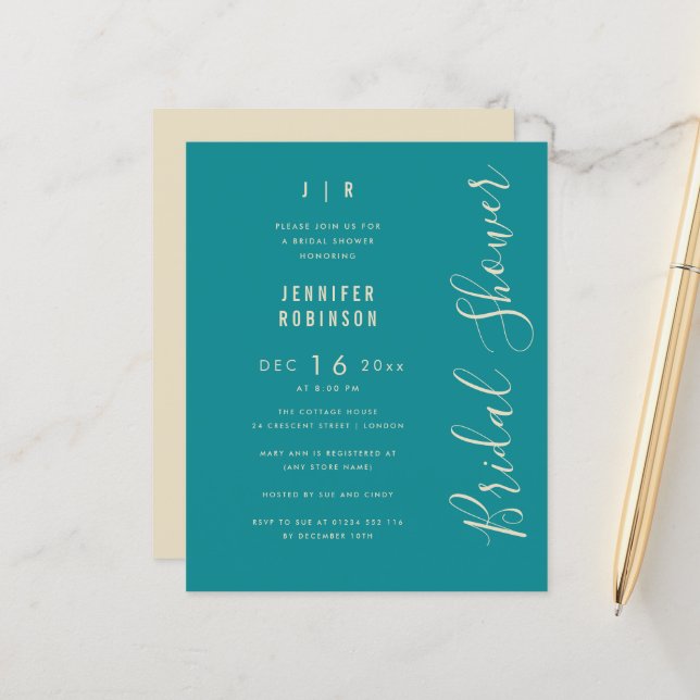 Budget Manus Modern Bröllopsfest Teal  (Fram/Back In Situ)