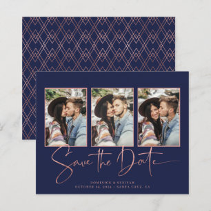 BUDGET Marinblå Art Deco Roséguld Save the Date
