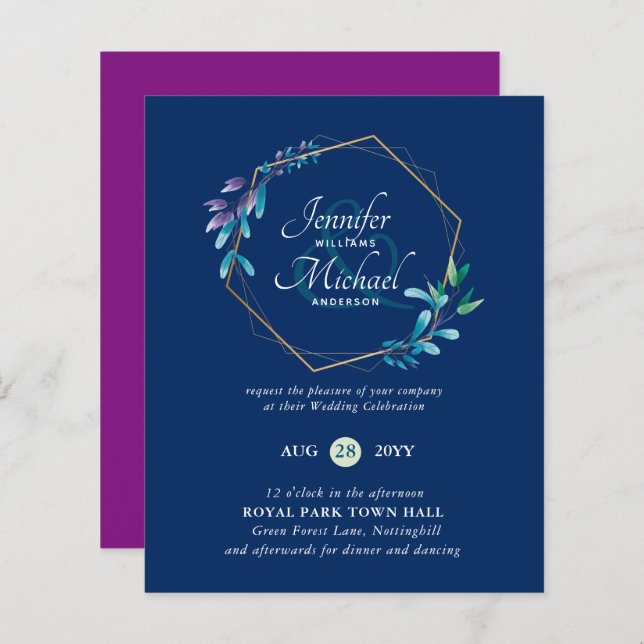 BUDGET Marinblå Lila Guld Krans Bröllopsinbjudning (Fram/baksida)