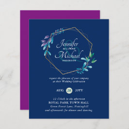BUDGET Marinblå Lila Guld Krans Bröllopsinbjudning