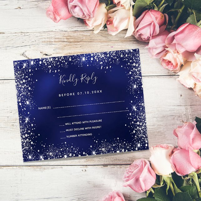 Budget marinblå silver glitter bröllop RSVP (Skapare uppladdad)