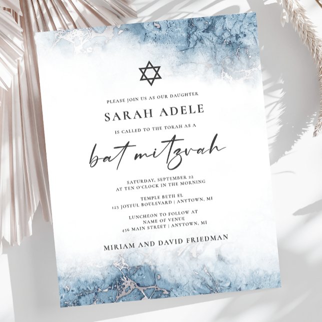 Budget Marmor Blå Silver Bat Mitzvah-inbjudan (Skapare uppladdad)