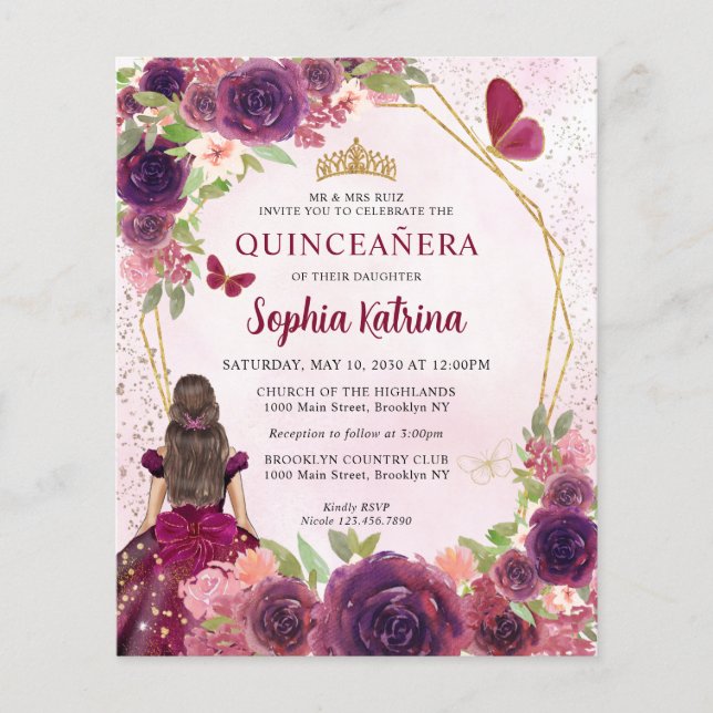 Budget Maroon Red Guld Blommigt Princess Quinceañe (Framsida)
